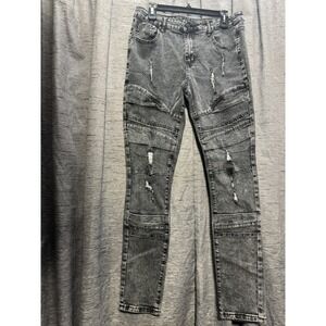 Hard Soda Acid Wash Moto Biker‎ Jeans Distressed Ripped Design Denim Pants 34/32